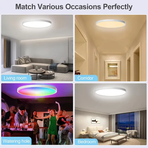 Vista 4 de Lámpara de techo LED regulable con montaje empotrado, panel RGB inteligente Alexa Google Home WiFi con control remoto para sala de estar