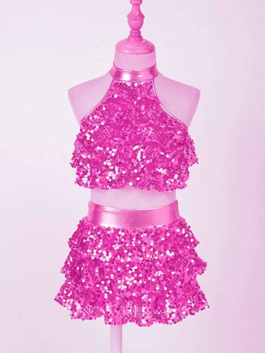 Vista 3 de Linjinx Conjunto de camiseta corta metálica de lentejuelas con falda para niñas y niñas, trajes de baile latino de jazz, 2 piezas, disfraz de baile