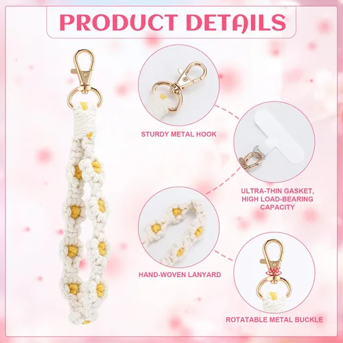 Vista 2 de Jspupifip 2 piezas de correa de muñeca para teléfono estilo macramé boho, linda cuerda para teléfono celular con pestaña de anclaje, pulsera
