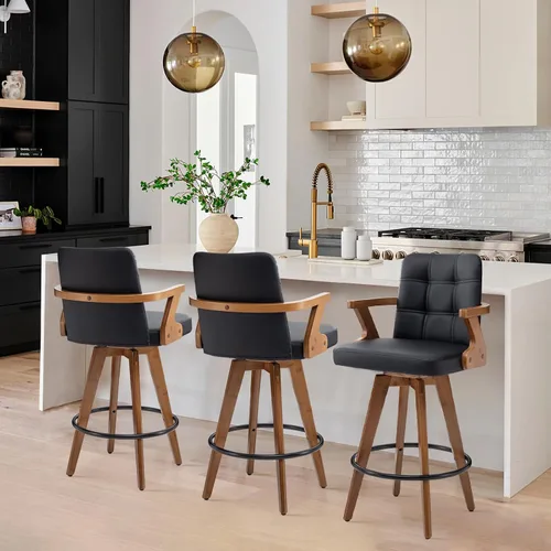 Vista 9 de MEKLIBA Taburetes de bar de 26” de altura de mostrador, Silla de bar tapizada en cuero, Taburetes giratorios con respaldo y brazos, Juego moderno