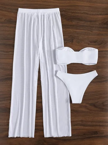 Vista 4 de MakeMeChic Traje de baño de 3 piezas para mujer, conjunto de bikini bandeau con pantalones para cubrir