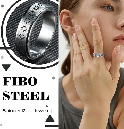 Vista 2 de FIBO STEEL Anillo giratorio de acero inoxidable para mujeres y hombres, anillos de banda para la ansiedad, luna y estrella, flores, juego de anillos