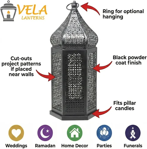 Vista 5 de VELA LANTERNS Farol Marroquí Grande Torre de Templo Lámpara Portavelas Decorativo para Decoraciones de Ramadán, Halloween, Colgante, Patio o Porche