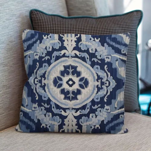 Vista 4 de Fundas de cojín Ikat con medallón azul y gris, color blanco y azul marino, fundas de almohada abstractas, decorativas de granja para sofá, cama