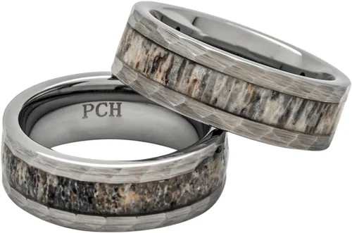 Vista 2 de Ata de ciervo de tungsteno para hombre con anillo con acabado martillado de 0.315 in de ajuste cómodo