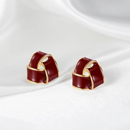 Vista 2 de Pendientes de botón esmaltados rojos elegantes triangulares con nudo de amor, diseño vintage para mujer