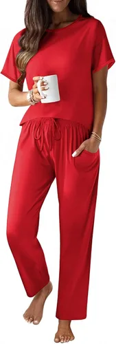 Vista 10 de Ekouaer - Conjunto de pijama de 100% algodón para mujer, manga corta, con pantalón largo, 2 piezas, juego de ropa para dormir con bolsillo