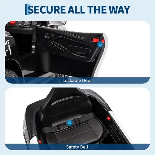 Vista 5 de Coche de policía de 12 V, funciona con pilas, autos de policía con control remoto, tonos de alerta de emergencia, luces intermitentes, música