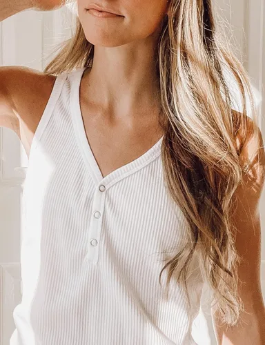 Vista 3 de MEROKEETY Body de punto acanalado con cuello en V y botones para mujer, sin mangas, ajustado, para mujer