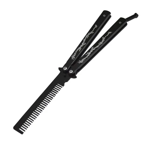Vista 2 de cuchillo mariposa de acero inoxidable con tótem de dragón, entrenador con peine (negro)