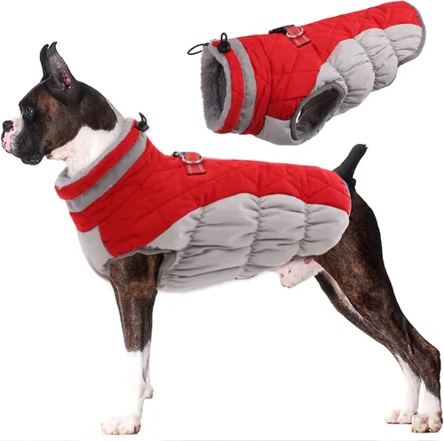 Vista 45 de Lelepet Abrigo cálido para perro, abrigo de invierno para perro, chaqueta impermeable para perros con arnés integrado reflectante de forro polar