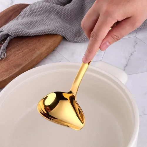 Vista 3 de Cucharón para salsa, cuchara dorada con boquilla para sopa de salsa, utensilio de cocina de acero inoxidable, pulido de espejo y apto