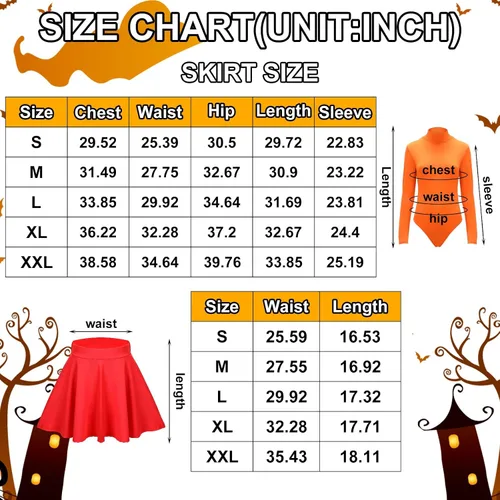 Vista 3 de Hercicy Disfraz naranja de Halloween para adultos, peluca estilo Bob, cuello alto, falda patinadora, gafas y calcetines para mujer, cosplay