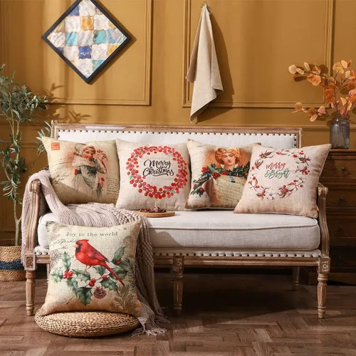 Vista 3 de Fundas de almohada navideñas de 18 x 18 pulgadas, decoración navideña para el hogar, funda de cojín decorativa para sofá, sofá, retro, Navidad