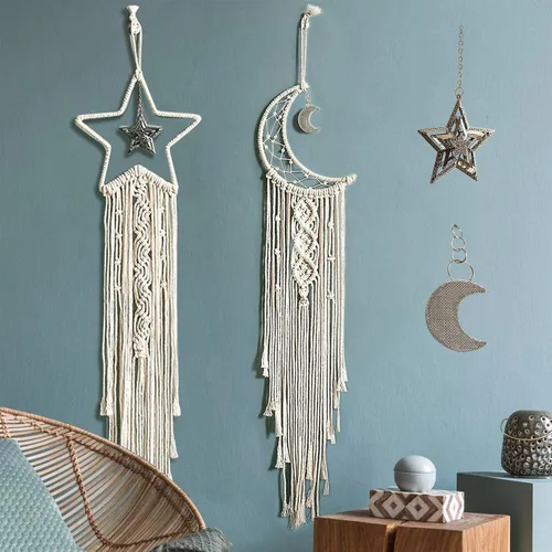 Vista 6 de Tarklanda Decoración de atrapasueños de luna y estrella, 2 piezas boho para el hogar, luna y estrella, macramé para colgar en la pared, decoración