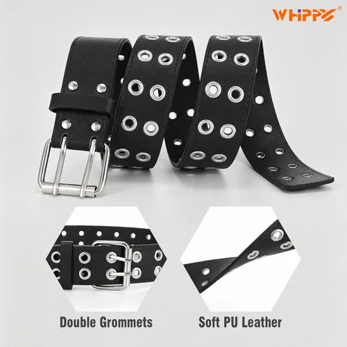 Vista 3 de WHIPPY Double Grommet Belt for Women Men PU Leather Double Prong Buckle Vintage Punk Rock Jeans Belts with Chain A-Negro
