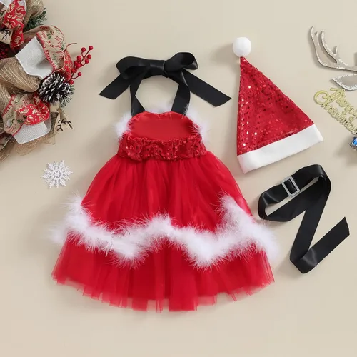 Vista 5 de Ayalinggo Vestido halter de Navidad para niña pequeña, con lentejuelas, tutú con purpurina, falda tutú y sombrero, disfraz de Papá Noel, ropa