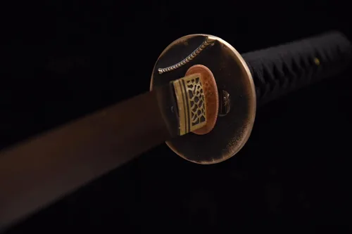 Vista 5 de Espada Katana templada de arcilla hecha a mano de 41 pulgadas, espada samurai de espiga completa de acero, mango de piel de rayos reales, tsuba
