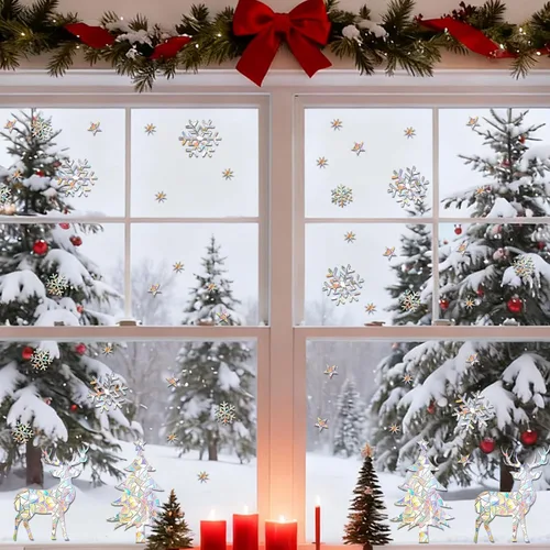 Vista 7 de 50 calcomanías para ventanas de árboles de Navidad, copos de nieve, renos, anticolisión, para salvar a los pájaros de colisiones, calcomanías