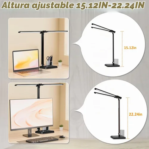 Vista 3 de CHARYJOD Lámpara de escritorio LED retráctil regulable con puerto de carga USB, 50 modos de iluminación, brazo doble oscilante, arquitecto, lámpara