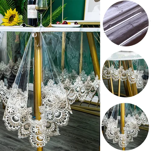 Vista 3 de Mantel redondo de plástico transparente, impermeable, de vinilo, PVC, bordado, borde de encaje, transparente, para cocina, uso en exteriores e