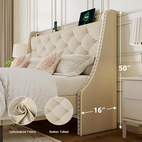 Vista 3 de Einhomn Base de cama de tamaño matrimonial con cabecera de almacenamiento copetuda con botones en la parte trasera y puertos tipo CA, plataforma