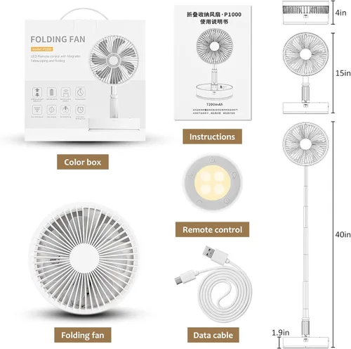 Vista 7 de Ventilador portátil, ventilador oscilante portátil de 7200 mAh con control remoto, altura ajustable con 4 velocidades, ventilador de mesa plegable