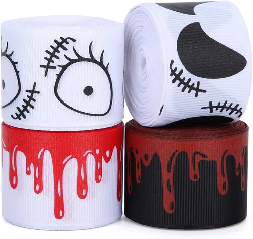 Vista 4 de Meseey Cinta naranja y negra de 5/8 pulgadas x 20 yardas, cintas finas de Halloween para envolver regalos, manualidades, fiestas de vacaciones