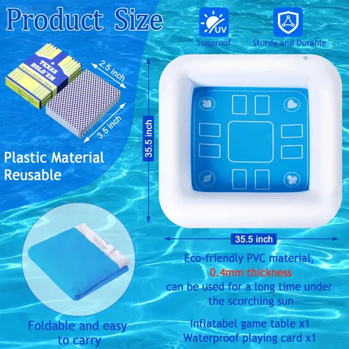 Vista 2 de Mesa de juego inflable para piscina con cartas impermeables (35.5 x 35.5 pulgadas, azul/blanco)