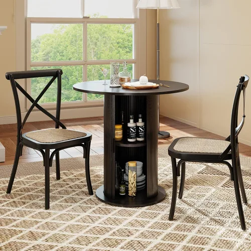 Vista 3 de SoarFlash Mesa de comedor redonda de 31.5 pulgadas para 2-3, mesa de cocina circular de granja con espacio de almacenamiento, base de tira de madera