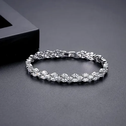 Vista 4 de Pulsera de tenis de cristal de oro de 14 quilates para mujer, diseño de hojas delicadas, bisel con bisel y ajuste de cristal natural, regalo