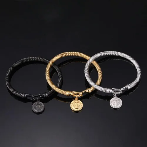 Vista 5 de Pulsera de acero inoxidable con dije de medalla de San Benito de Jesús San Benito, regalo de joyería religiosa