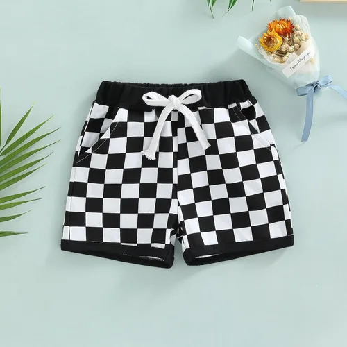Vista 2 de Pantalones cortos de verano para bebé, con estampado a cuadros, de algodón, casuales, cintura elástica, pantalones cortos para correr