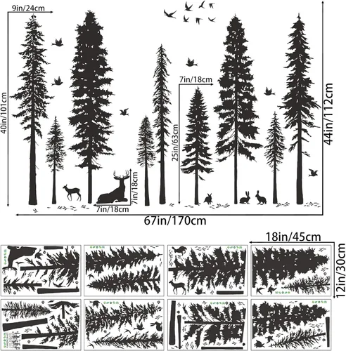 Vista 6 de Vinilo adhesivo de pared de pino, 9 árboles, ciervos, pájaros, conejos, bosques y naturaleza, removible de vinilo negro de alta calidad para niños