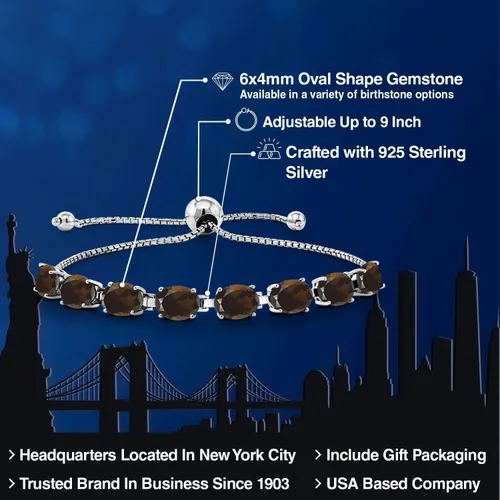 Vista 190 de Gem Stone King Pulsera de plata de ley 925 con piedra natal ovalada de 0.276 x 0.197 in para mujer, totalmente ajustable hasta 9 pulgadas