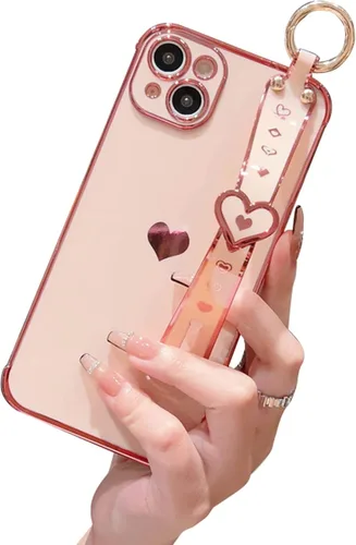 Vista 12 de Lindo corazón de amor para niñas mujeres lujo chapado borde parachoques suave TPU a prueba de golpes caso con soporte de pulsera para iPhone Negro