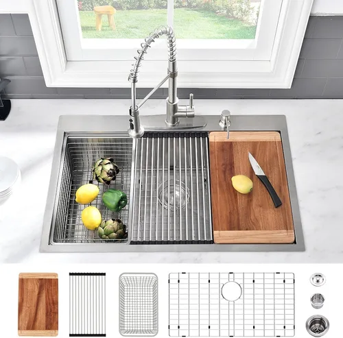Vista 19 de Fregadero de barra de 15 pulgadas para estación de trabajo, fregadero de cocina pequeño de 15 x 15 pulgadas, montaje superior, calibre 16