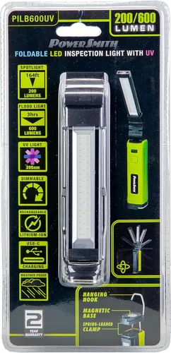 Vista 10 de POWERSMITH Luz de trabajo magnética recargable de 600 LM luz magnética con inundación, punto, modos UV y salida USB (PILB600UV)