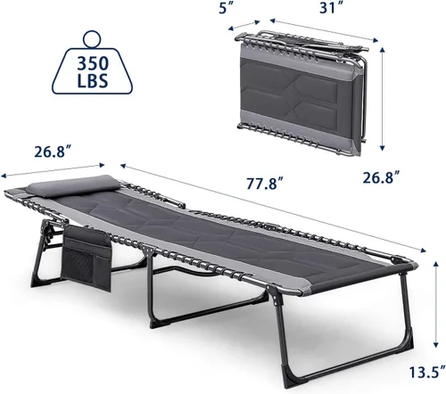 Vista 2 de Devoko - Silla reclinable plegable para exterior acolchada portátil de 4 pliegues, silla lounge resistente con almohada y bolsillo lateral para Gris