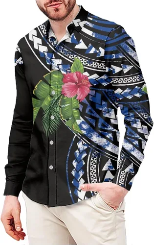 Vista 20 de Camisetas polinesias de manga larga para hombre para hombre, diseño floral de plantas tropicales, camisa con botones en la parte superior