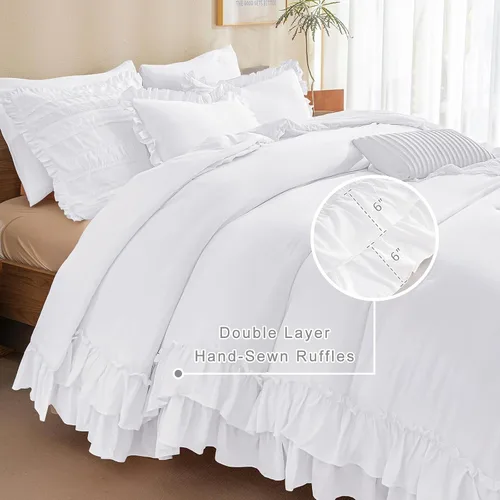 Vista 3 de QSH Edredón blanco brillante con volantes, tamaño individual, 3 piezas, ropa de cama con volantes, estilo bohemio, elegante, desgastado y elegante