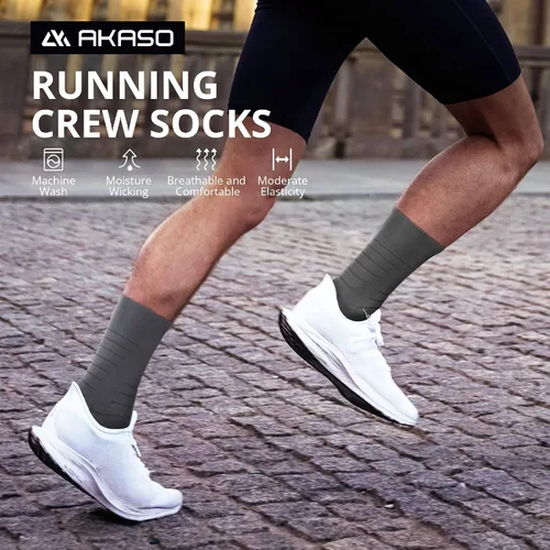 Vista 5 de AKASO 2 Pairs Ultralight Running Socks, Crew Coolmax Cotton Athletic Sport Quarter Hiking & Running Socks for Men & Women Gris