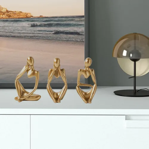 Vista 4 de Estatua de pensador de arte abstracto, 3 piezas de escultura de resina para decoración de mesa de oficina, sala de estar, estante, figuras doradas