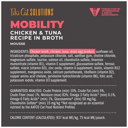 Vista 4 de Tiki Cat Solutions Mobility Mousse, receta de pollo y atún en caldo, formulada para apoyar articulaciones saludables, alimento húmedo funcional