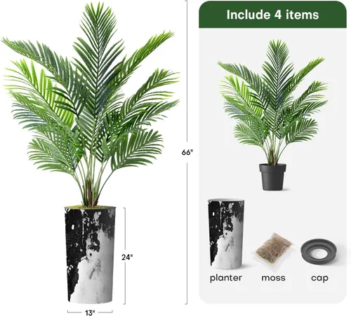 Vista 3 de Árbol artificial en macetero contemporáneo con efecto de granito, palmera tropical areca artificial de seda para decoración del hogar en interiores