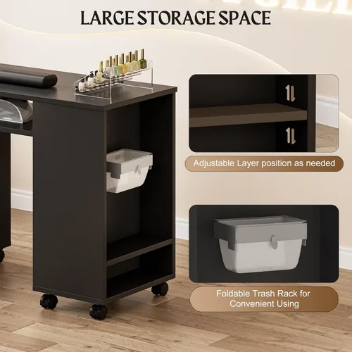 Vista 8 de Mesa de manicura con mesa extensible, mesa de escritorio de uñas para tecnología de uñas con soporte para bolsa de basura y cajón vertical, estación