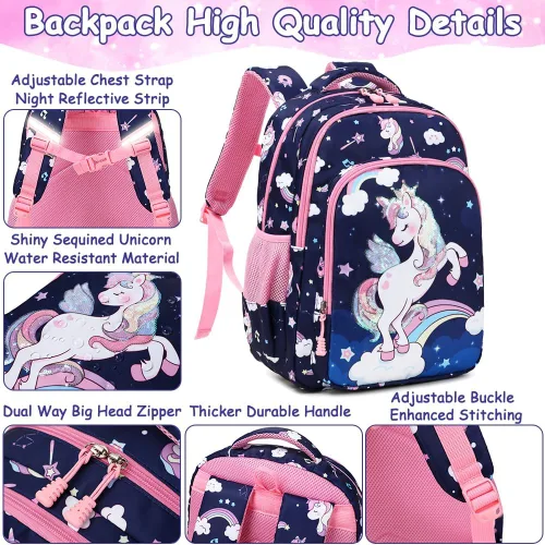 Vista 18 de Juego de mochila para niñas y adolescentes, mochila escolar para niños con bolsa para el almuerzo, estuche para lápices, mochilas escolares
