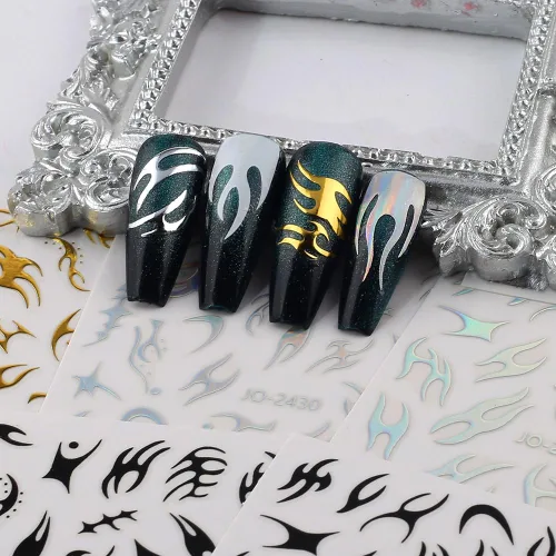 Vista 5 de 8 hojas de calcomanías de arte de uñas con llama irregular, plateado metálico, negro, blanco, oro, calcomanías autoadhesivas Y2k para diseño de uñas