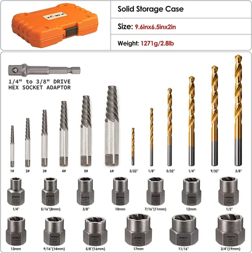 Vista 2 de XEWEA Juego de 26 extractores de tornillos y pernos con broca izquierda, con adaptador hexagonal, herramientas de impacto fácil de salir, removedor