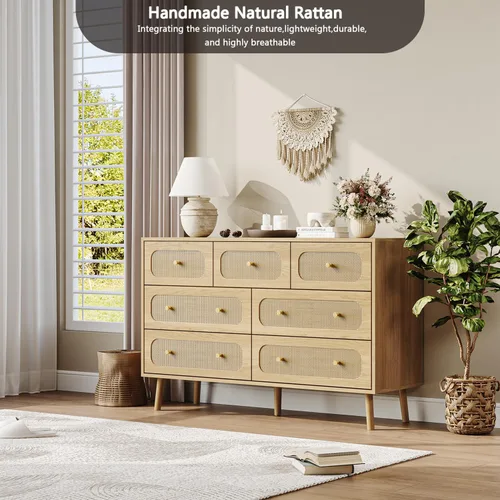 Vista 8 de SINROM® Cómoda de ratán para dormitorio, cómoda moderna de 7 cajones con asas doradas, cómoda de almacenamiento de madera para dormitorio, sala